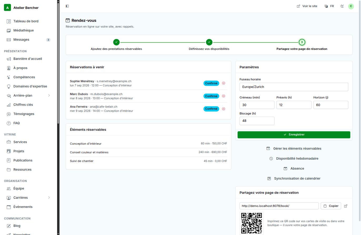 O ecrã Marcações: três passos, marcações próximas, elementos marcáveis, definições e o painel de partilha com código QR.